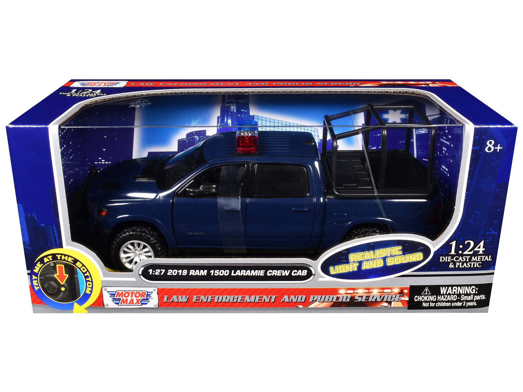 WEO 2E - SA ENEOHEMENS MESNS ANS 1124 N TA L 8+ AT THE & ME TRY BOTTOM - Pm REALISTIC 1:24 SOUND DIE-CAST METAL LIGHT AND & PLASTIC 1:27 2019 RAM 1500 LARAMIE CREW CAB WARNING: MOTOR HAZARD Small parts. MAX LAW ENFORCEMENT AND PUBLIC SERVICE CHOKING Not for children under 3 years.