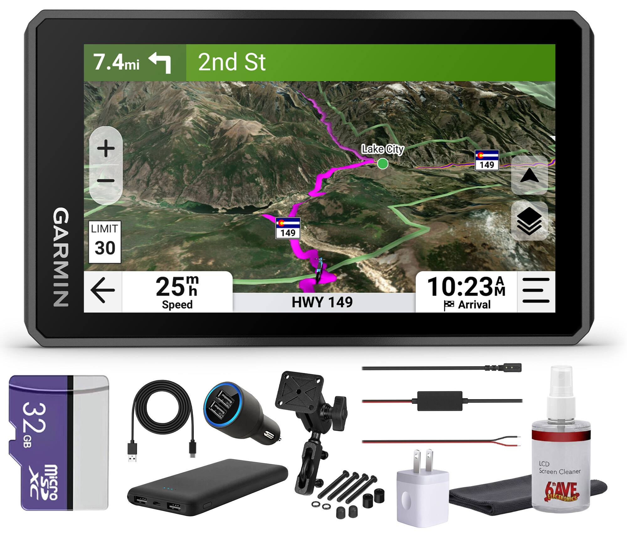 7.4mi 2nd St  
GARMIN 32 GB XC CS!  
LIMIT 30 m 25m h Speed  
Lake City 149 149  
10:23 AM  
HWY 149  
Arrival  
LCD Screen Cleaner  
GAVE