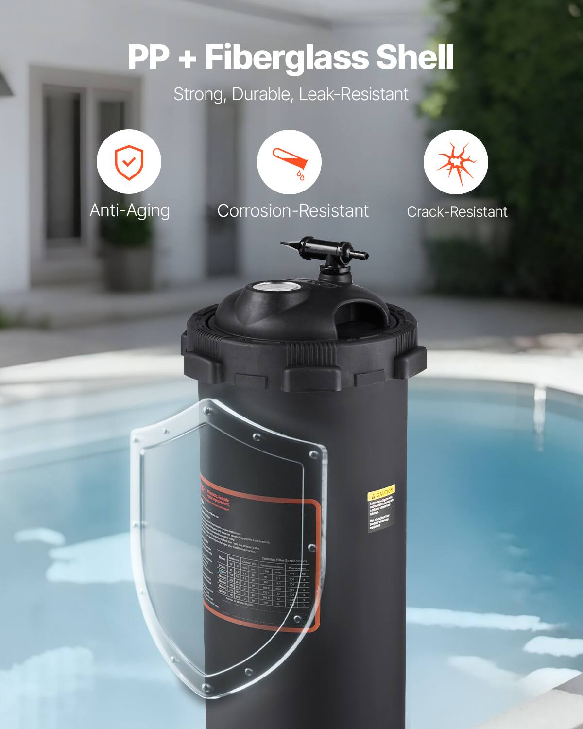 PP + Fiberglass Shell  
Strong, Durable, Leak-Resistant  

- Anti-Aging  
- Corrosion-Resistant  
- Crack-Resistant  

CAUTION