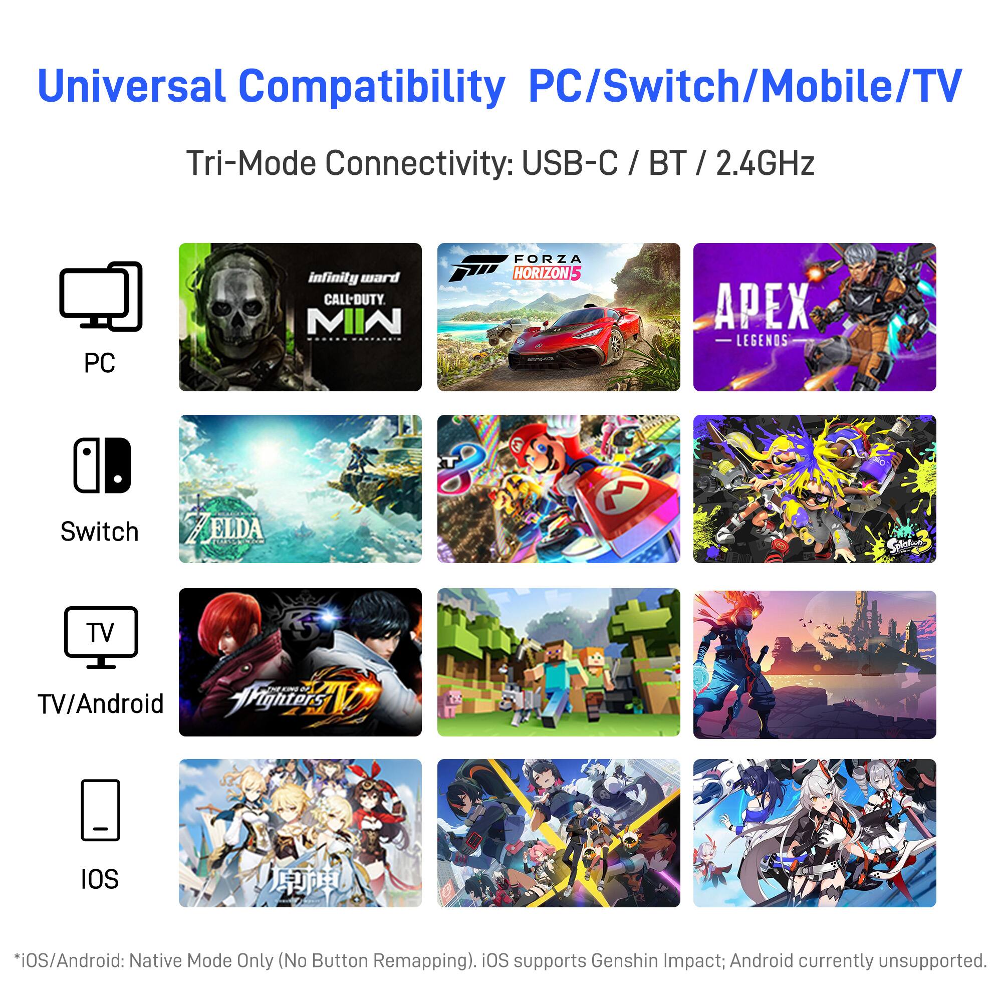 Universal Compatibility PC/Switch/Mobile/TV  
Tri-Mode Connectivity: USB-C / BT / 2.4GHz  

PC  
- CALL OF DUTY: MIN  
- FORZA HORIZON 5  
- APEX LEGENDS  

Switch  
- ELDA  

TV/Android  
- FIGHTERS  
- MINECRAFT  

IOS  
- Genshin Impact  

*IOS/Android: Native Mode Only (No Button Remapping). IOS supports Genshin Impact; Android currently unsupported.