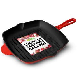 NutriChef - 11" Enameled Cast Iron Steak Grill Pan, Square Skillet with Drip Spout, For All Cooktops (NCCIES47) - Red