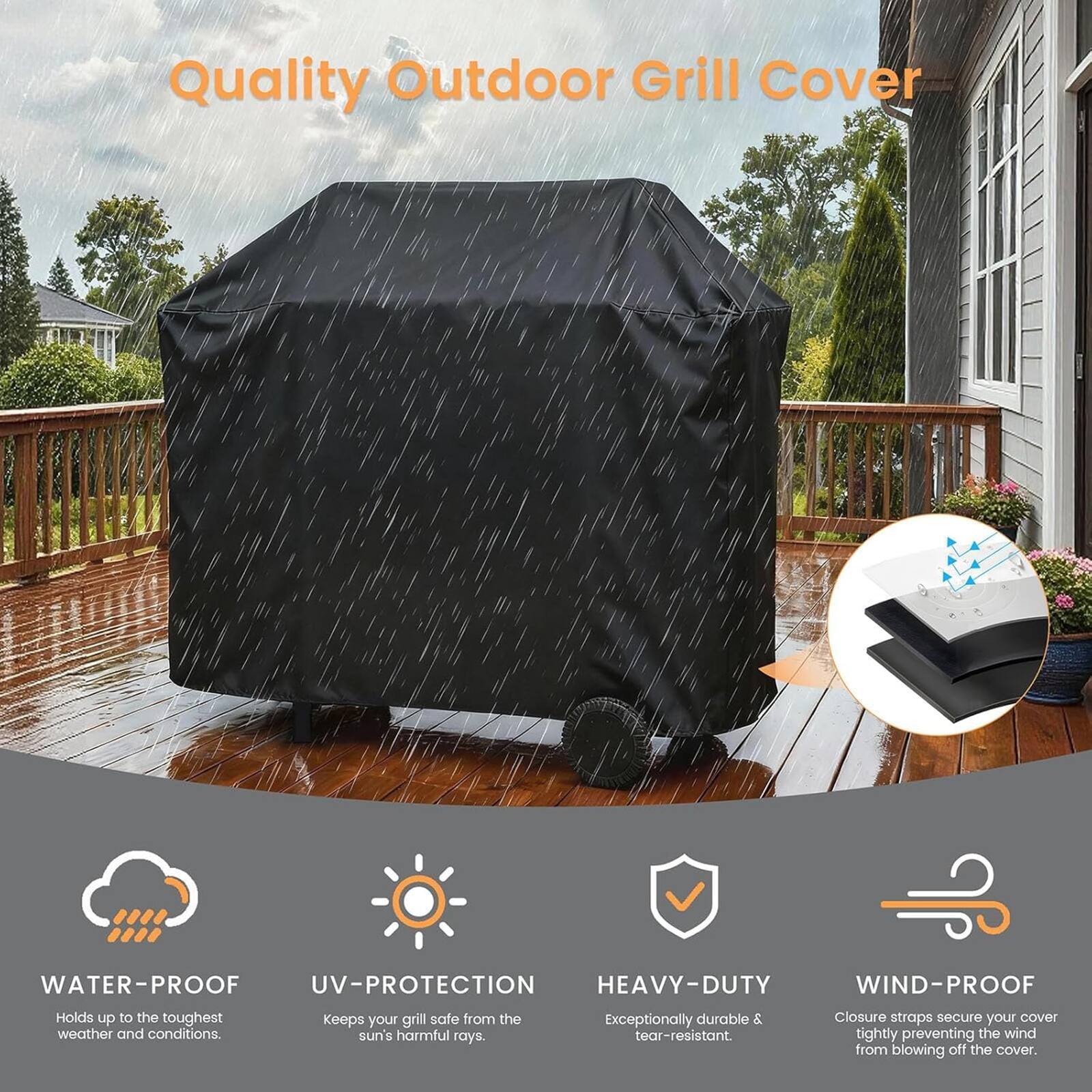 Quality Outdoor Grill Cover

- WATER-PROOF: Holds up to the toughest weather and conditions.
- UV-PROTECTION: Keeps your grill safe from the sun's harmful rays.
- HEAVY-DUTY: Exceptionally durable & tear-resistant.
- WIND-PROOF: Closure straps secure your cover tightly, preventing the wind from blowing it off.