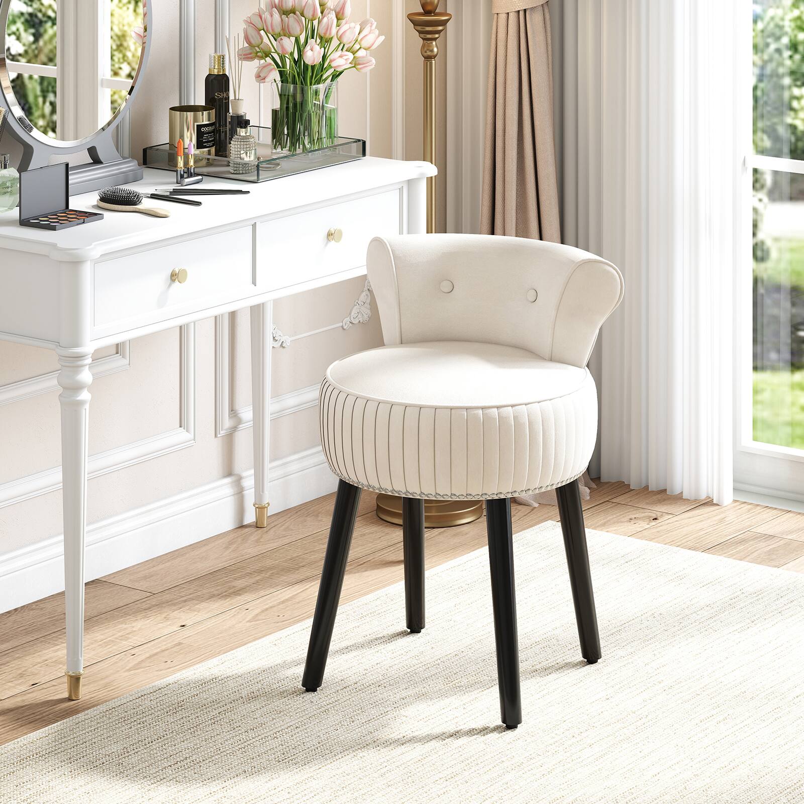 Alt View 3. Gymax - Gymax Velvet Vanity Chair w/ Back Tufted Low Back & Solid Wood Legs for Bedroom White - White.