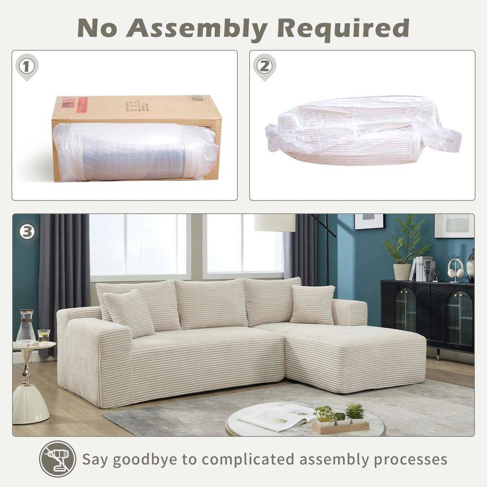 No Assembly Required

1. [Image of a rolled-up sofa in a box]
2. [Image of a sofa cushion in plastic]
3. [Image of a fully assembled sofa in a living room]

Say goodbye to complicated assembly processes