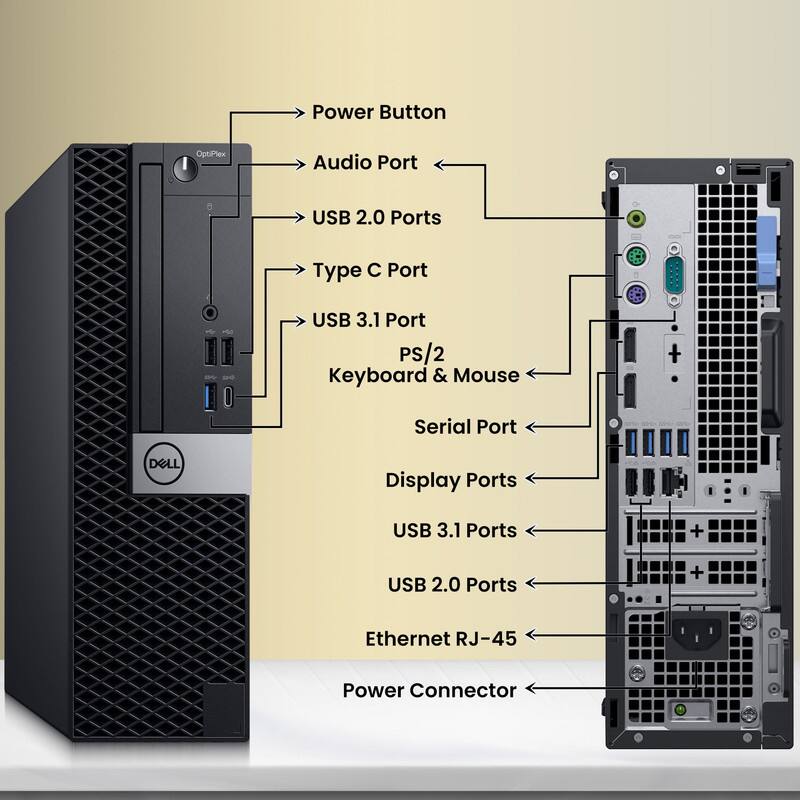 Power Button  
Audio Port  
USB 2.0 Ports  
Type C Port  
USB 3.1 Port  
PS/2 Keyboard & Mouse  
Serial Port  
DELL Display Ports  
USB 3.1 Ports  
USB 2.0 Ports  
Ethernet RJ-45  
Power Connector