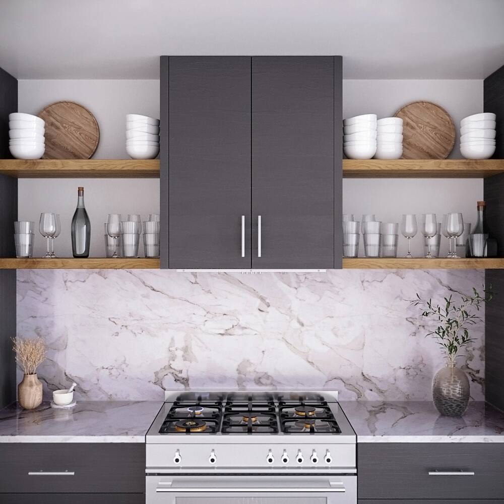 Left. Streamline - 28 in. Loreto Convertible Insert 350 CFM Range Hood, Baffle Filters, Push Button Control, LED Lights - Brushed Stainless Steel.