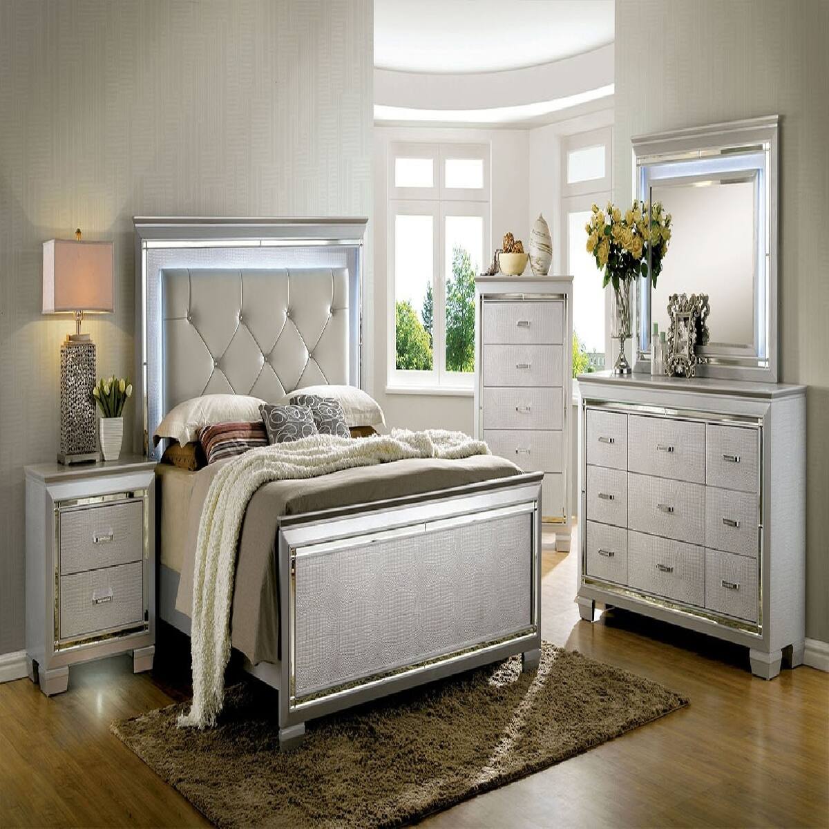 Alt View 5. Loheer - Loheer Silver Two Drawer Nightstand with Built In LED Light and Mirror Inserts - Silver.