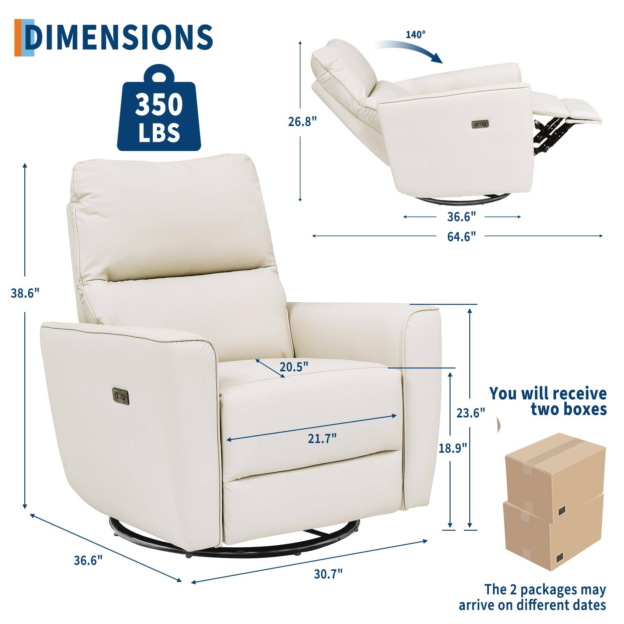 DIMENSIONS  
350 LBS  

- 38.6" (height)  
- 26.8" (depth)  
- 64.6" (width)  
- 36.6" (armrest width)  
- 20.5" (seat depth)  
- 21.7" (seat width)  
- 23.6" (back height)  
- 18.9" (side width)  
- 30.7" (base width)  

You will receive two boxes.  
The 2 packages may arrive on different dates.
