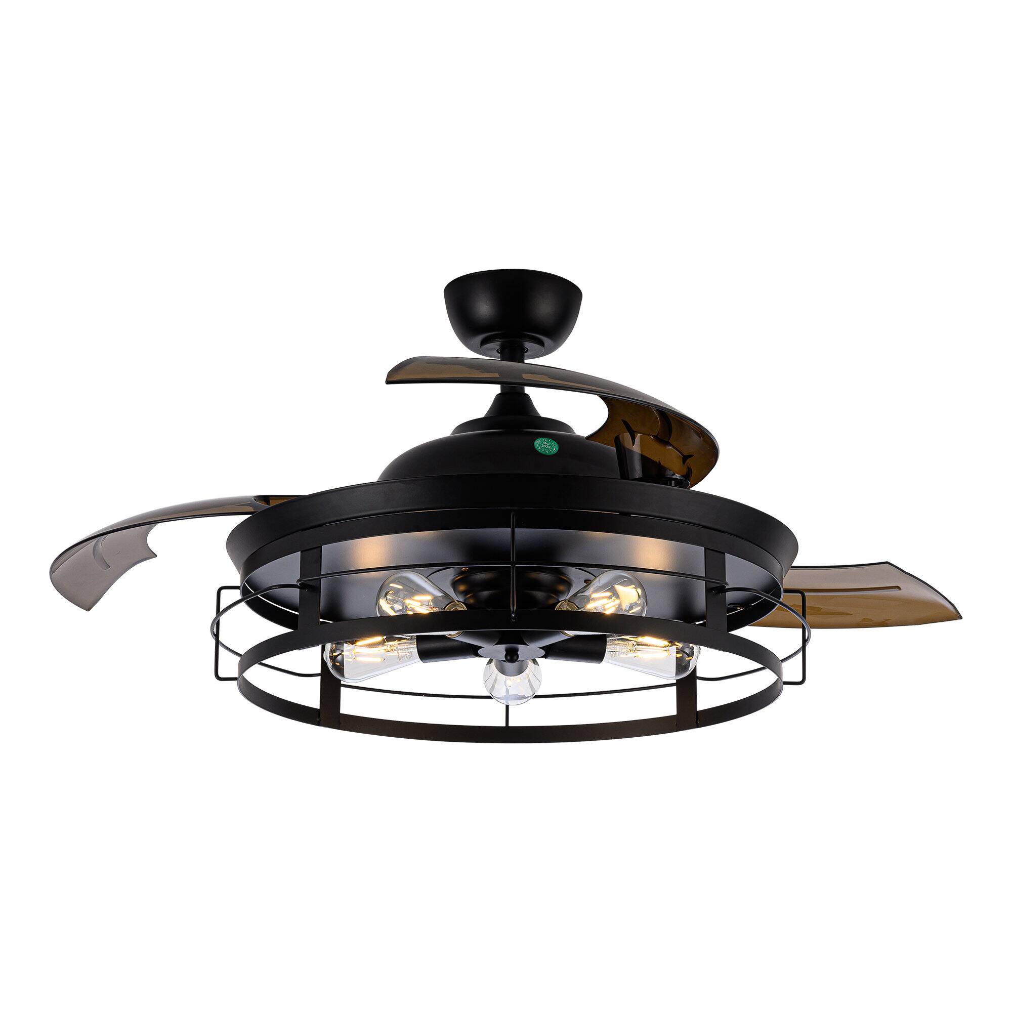 Front. Parrot Uncle - 52" Industrial Retractable 3-Blade Ceiling Fan Chandelier with Remote - Black.