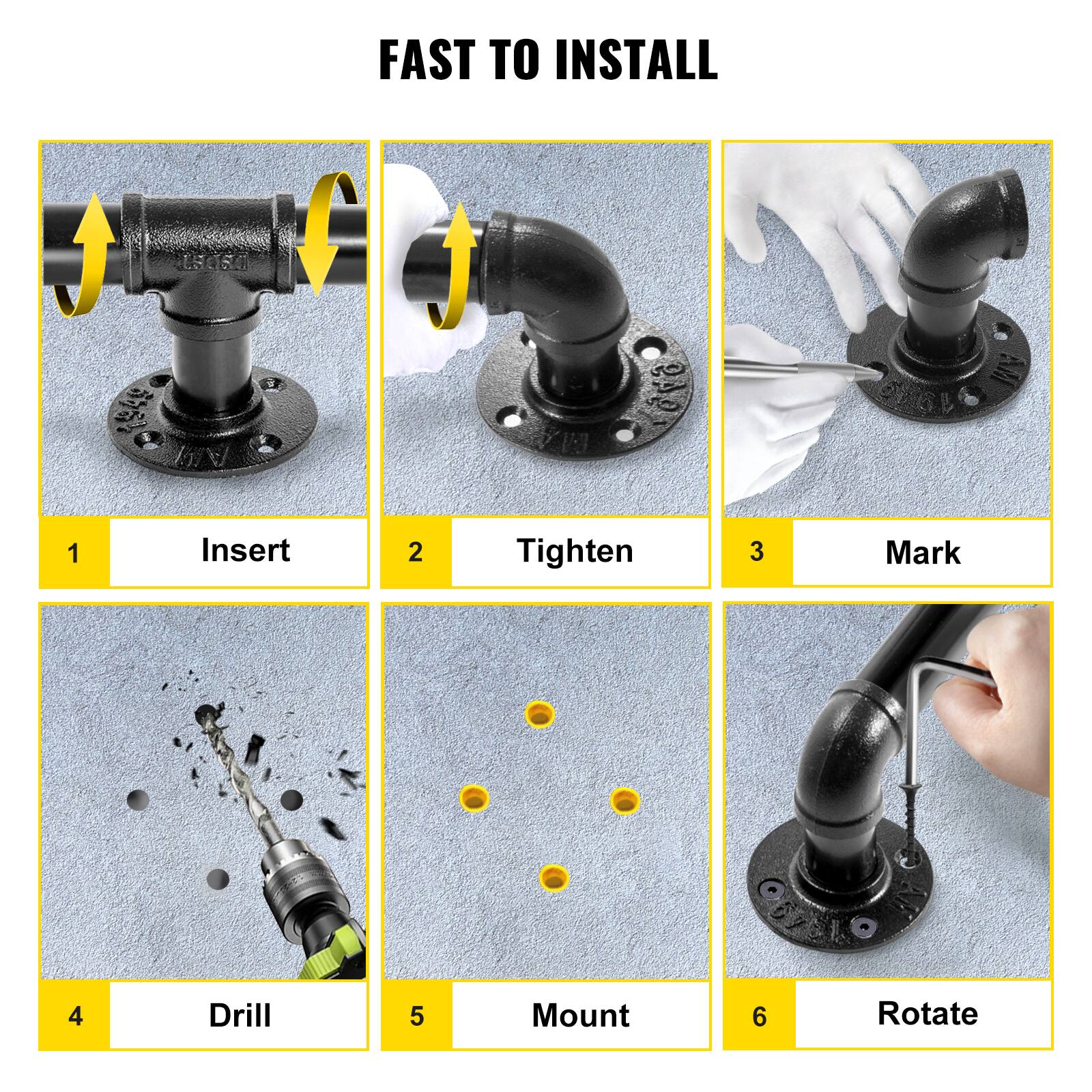 FAST TO INSTALL

1. Insert
2. Tighten
3. Mark
4. Drill
5. Mount
6. Rotate