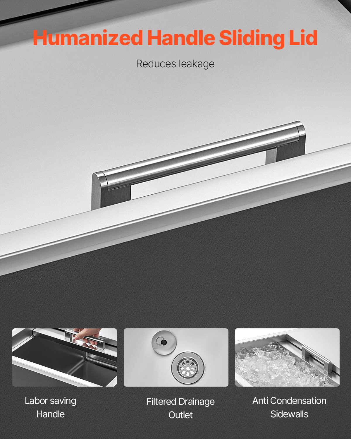 Humanized Handle Sliding Lid  
Reduces leakage  

Labor saving Handle  
Filtered Drainage Outlet  
Anti Condensation Sidewalls