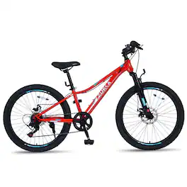 Glintex - 24-Inch Kids Mountain Bike with Shimano 6-Speed, Suspension Fork, and Dual Disc Brakes - Red