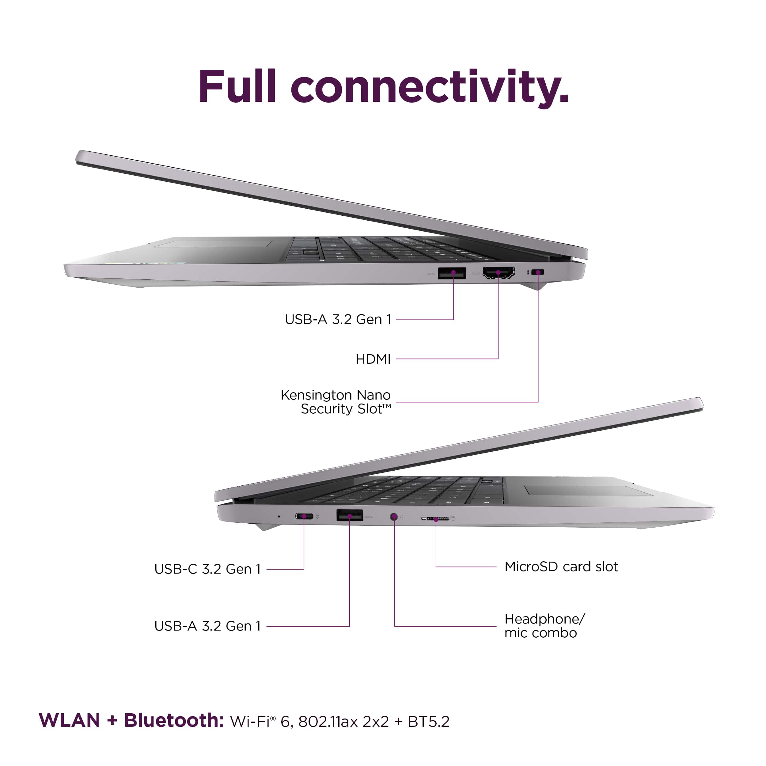 Full connectivity. USB-A 3.2 Gen 1 HDMI Kensington Nano Security Slot USB-C 3.2 Gen 1 MicroSD card slot USB-A 3.2 Gen 1 Headphone/mic combo WLAN + Bluetooth: Wi-Fi 6, 802.11ax 2x2 + BT5.2