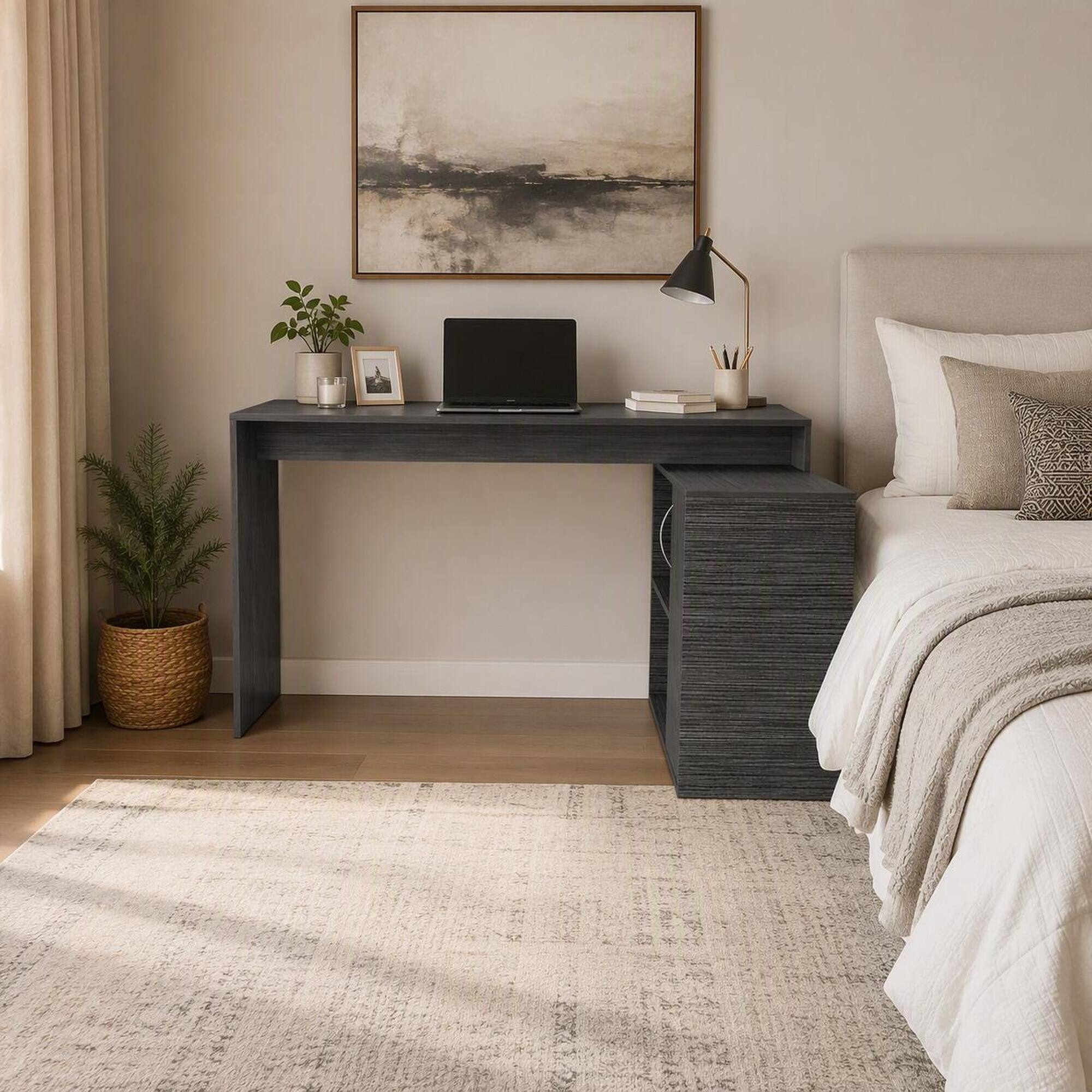 Left. RYHNUYNE - Modern L-Shaped Computer Desk, Smokey Oak Finish, 59 Inch Corner Workstation, Open Shelves and Storage Cabinet - Gray.