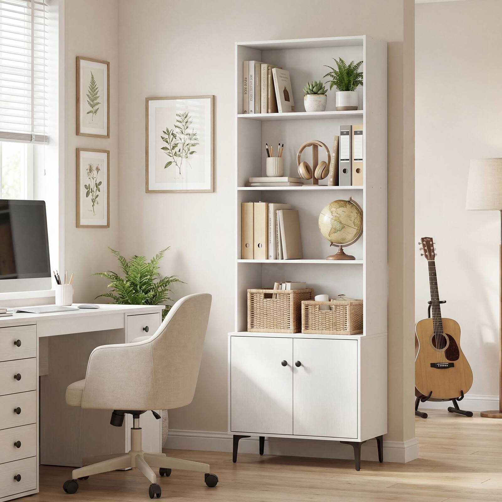 Alt View 3. Gymax - Gymax Bookshelf w/ Doors 5-Tier Floor Standing Bookcase w/ 2 Anti-Tipping Kits White - White.