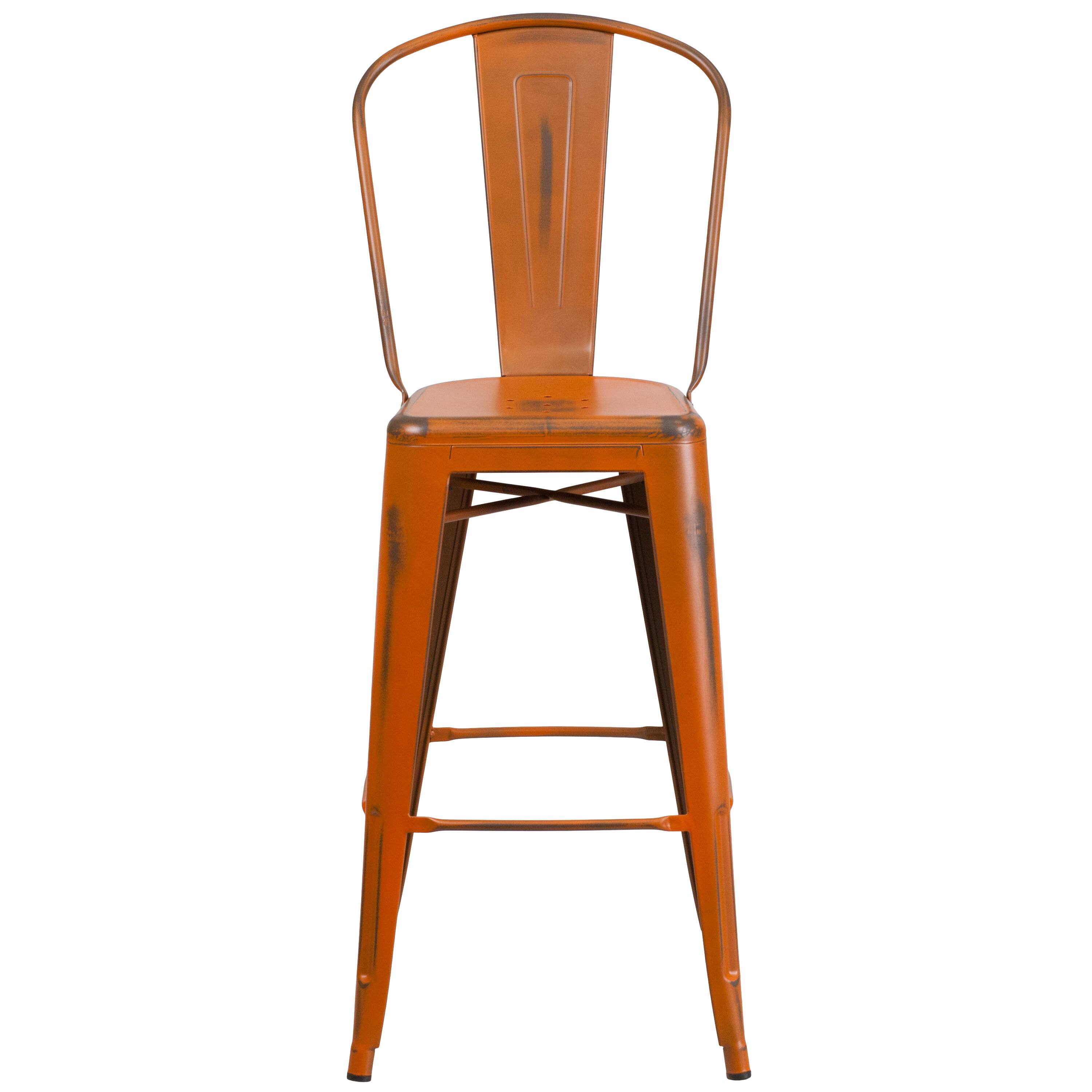 Alt View 8. Emma + Oliver - Commercial Grade 4 Pack 30" High Distressed Metal Indoor-Outdoor Barstool with Back - Orange.