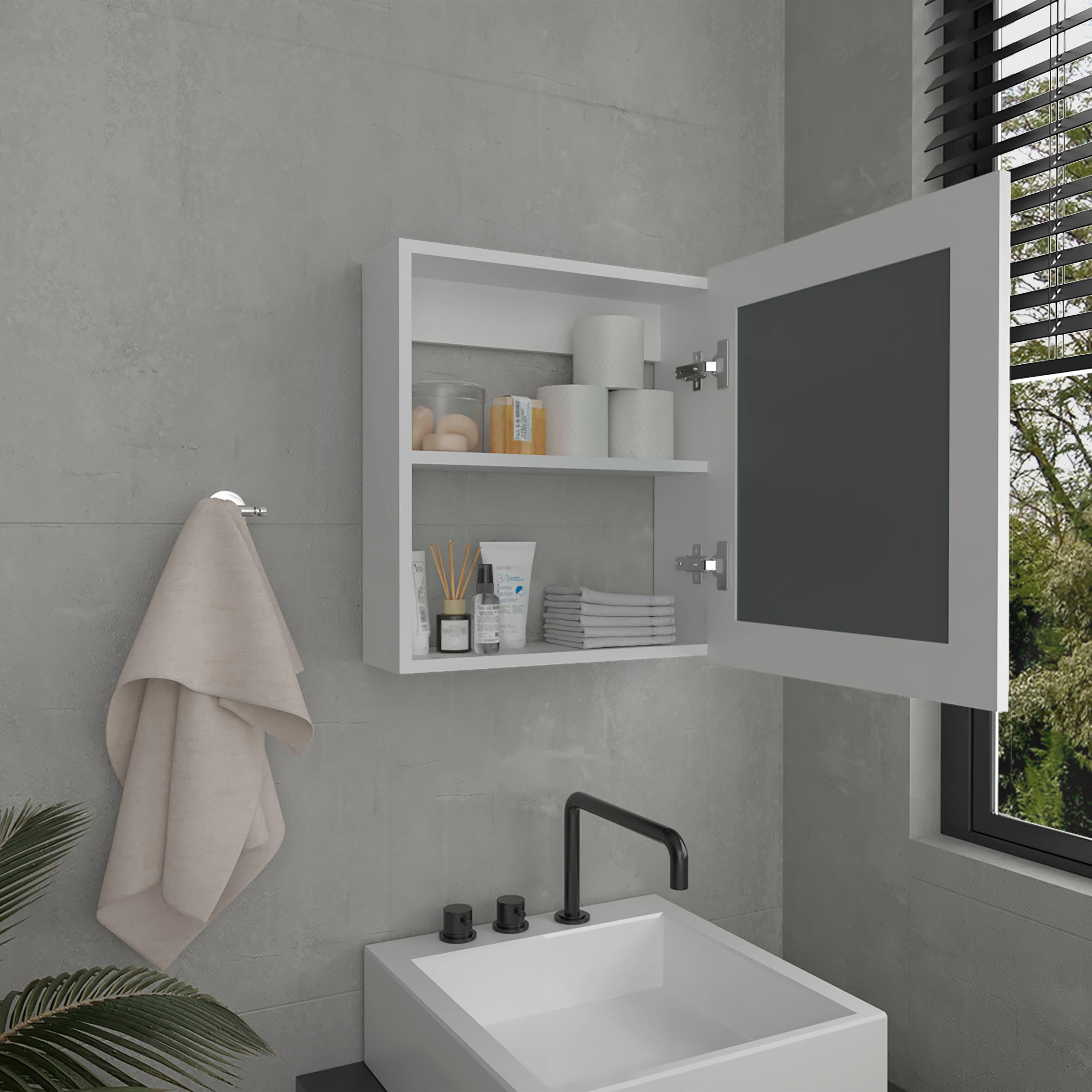 Left. TuHome - Single Mirror Medicine Cabinet with Two Interior Shelves For Bathroom Storage - White.