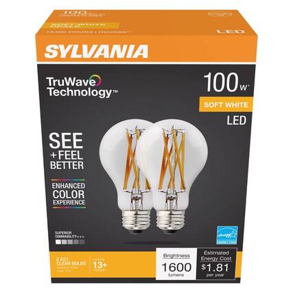 SYLVANIA
TruWave Technology™
SEE + FEEL BETTER
ENHANCED COLOR EXPERIENCE
SUPERIOR DIMMABILITY
100w SOFT WHITE LED
2 A21 CLEAR BULBS
LASTS 13+ YEARS*
Replaces 100w
Uses 10w*
Brightness 1600 lumens
Estimated Energy Cost $1.81 per year
ENERGY STAR
100,000 HOURS | NEURES*
100w SOFT WHITE LED
ENERGY STAR