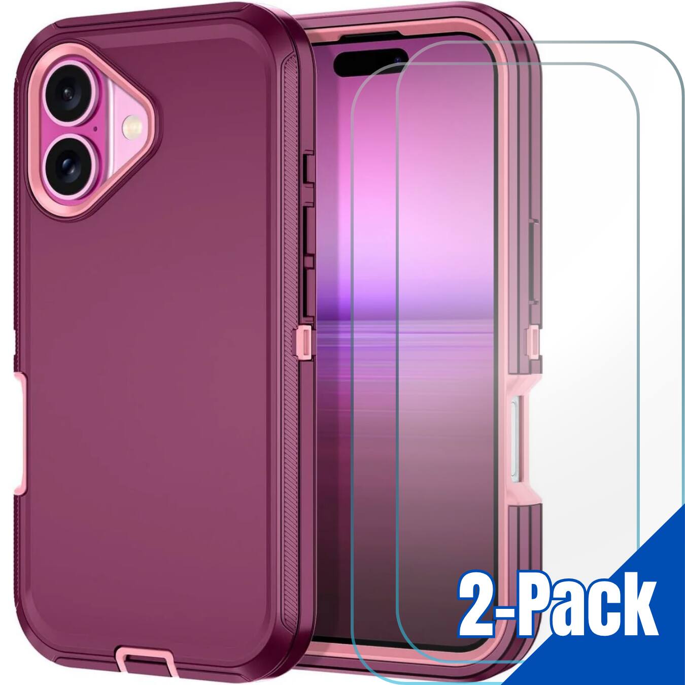 Entronix - Heavy Duty Bundle for iPhone 16 Plus - Case and 2 Screen Protectors - Purple