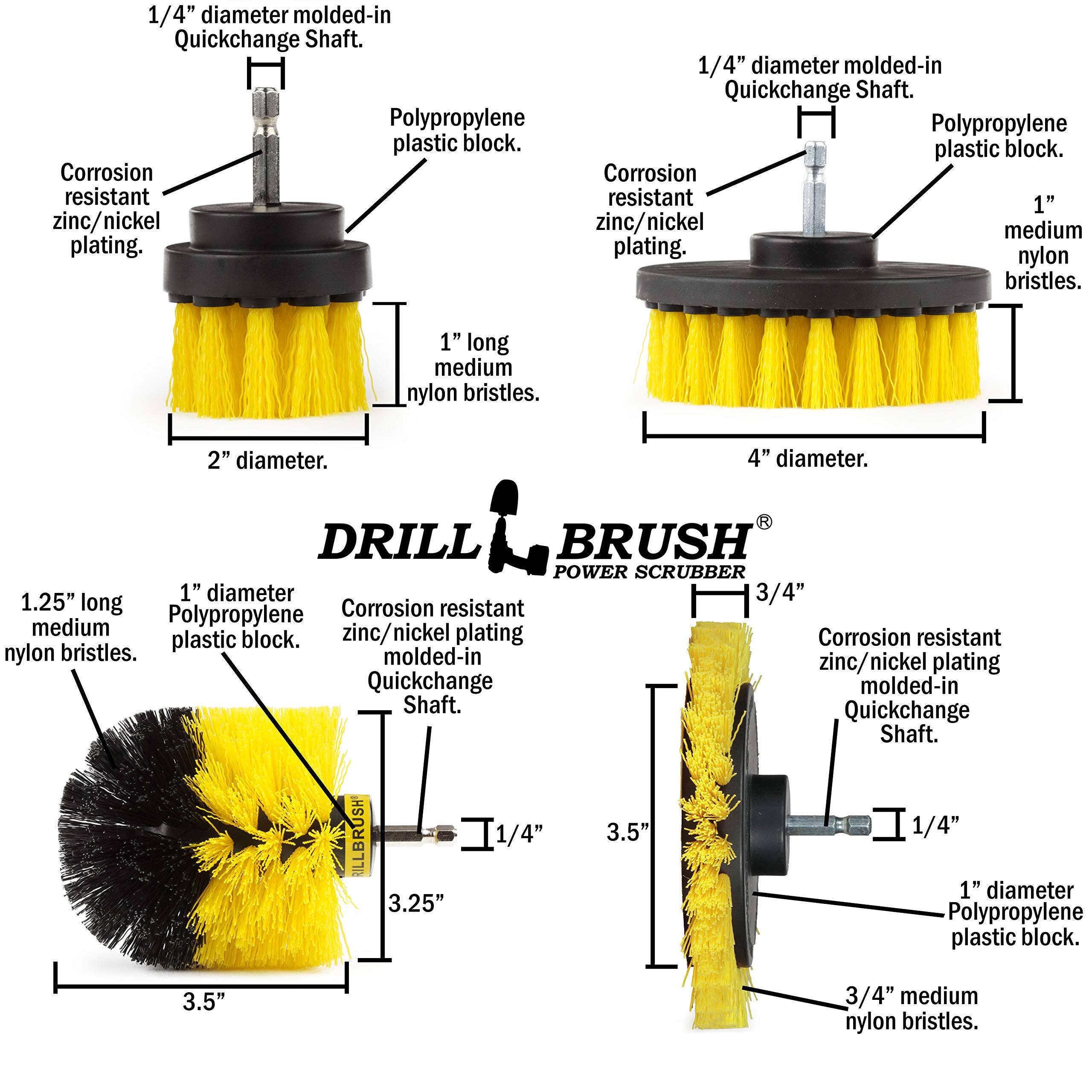 1/4" diameter molded-in Quickchange Shaft. 1/4" diameter molded-in Quickchange Shaft. Polypropylene plastic block. Polypropylene plastic block. Corrosion resistant zinc/nickel plating. Corrosion resistant zinc/nickel plating. 1" long medium nylon bristles. 1" long medium nylon bristles. 2" diameter. 4" diameter. DRILL BRUSH POWER SCRUBBER 1" diameter 3/4" 1.25" long Corrosion resistant Polypropylene medium zinc/nickel plating plastic block. Corrosion resistant nylon bristles. molded-in zinc/nickel plating Quickchange Shaft. Quickchange Shaft. ILLBRSH 1/4 1/4" 3.25" 3.5" 1" diameter Polypropylene plastic block. 3.5" 3/4" medium nylon bristles.