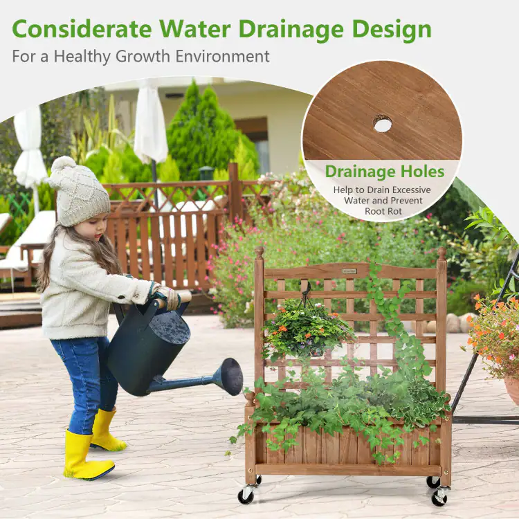 Mondawe 32 Inch Wooden Planter Box With Trellis And Lockable Wheels mondawe-32-inch-wooden-planter-box-with-trellis-and-lockable-wheels