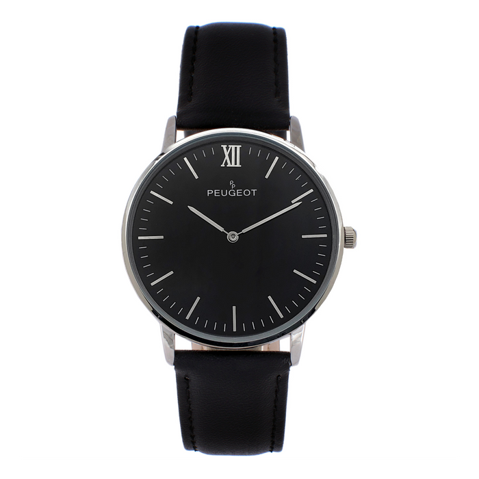 Peugeot - Men's 40mm Super Slim Case Leather Strap Watch - Black