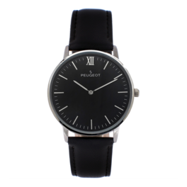 Peugeot - Men's 40mm Super Slim Case Leather Strap Watch - Black