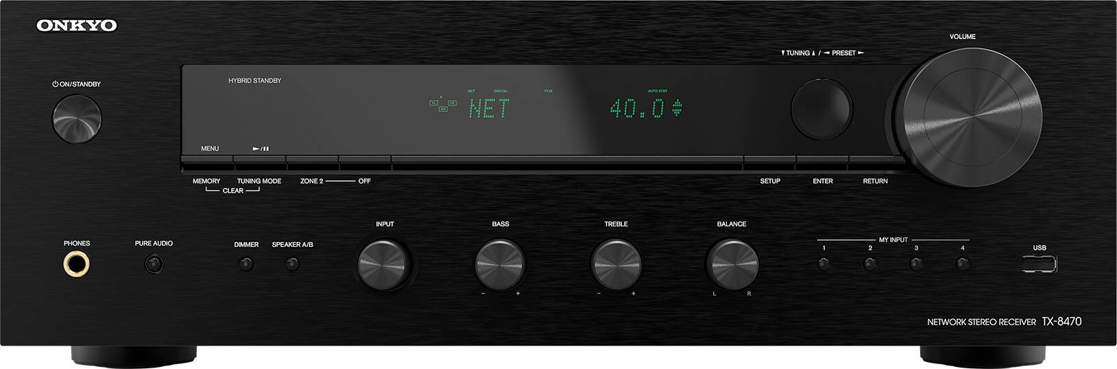 ONKYO VOLUME 1 TUNING I PRESET ON/STANDBY HYBRID STANDED I/P 40.0 MENU E MEMORY TUNING MODE CLEAR ZONE 2 OFF SETUP ENTER RETURN INPUT BASS TREBLE BALANCE PHONES PURE AUDIO DIMMER RTT AB I 2 MY INPUT 3 4 USB L . NETWORK STEREO RECEIVER TX-8470