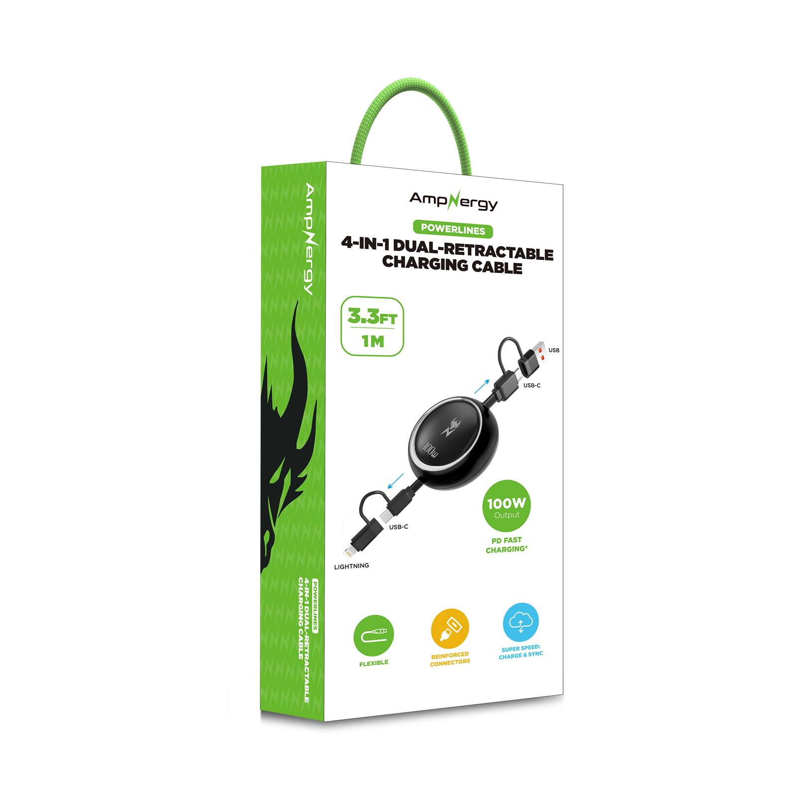AmpNergy POWERLINES 4-IN-1 DUAL-RETRACTABLE CHARGING CABLE 3.3FT 1M

- USB-C to USB-C
- USB-C to Lightning
- USB-C to USB-A
- USB-A to USB-A

100W Output
PD FAST CHARGING
FLEXIBLE
REINFORCED CONNECTORS
CHARGE & SYNC