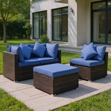 Front. Kadyn - 4 Pieces Ottoman Garden Patio Rattan Wicker Furniture Set with Cushion-Navy, Patio Seating Conversation Set - Blue.