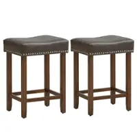 Costway - 24" Upholstered Bar Stools Set of 2 with Footrests Rubberwood Frame Saddle-shaped - Gray - Front_Zoom