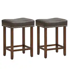 Costway - 24" Upholstered Bar Stools Set of 2 with Footrests Rubberwood Frame Saddle-shaped - Gray