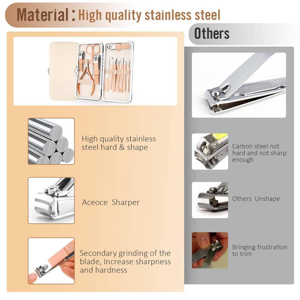 Material: High quality stainless steel

- High quality stainless steel hard & shape
- Aceoce Sharper
- Secondary grinding of the blade, Increase sharpness and hardness

Others

- Carbon steel not hard and not sharp enough
- Others Unshape
- Bringing frustration to trim