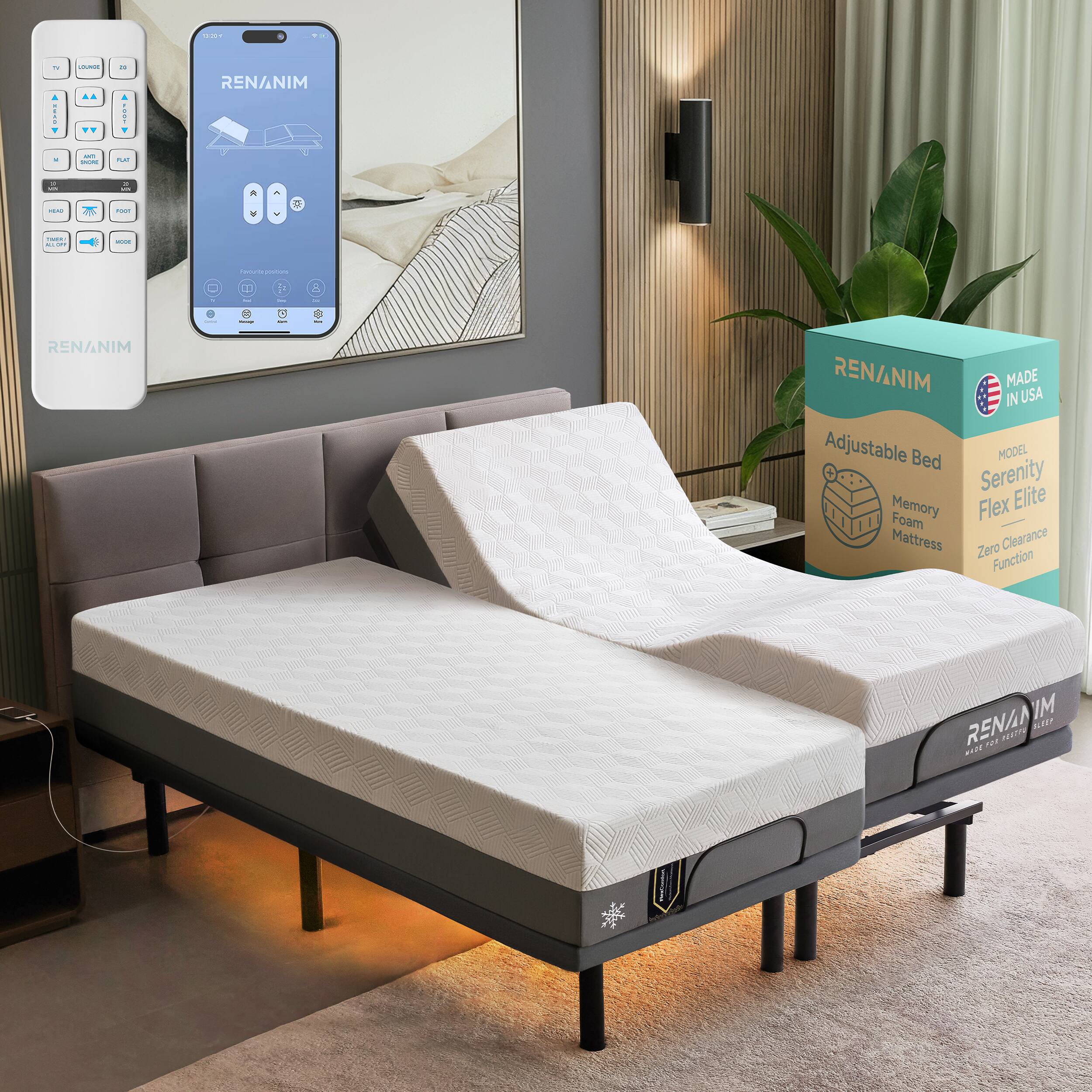 - I - TT - i RENANIM - - - - - - d - O - i -  - 4 I  I 2 - RENANIM RENANIM MADE IN USA Adjustable Bed MODEL Serenity Memory Flex Elite Foam Mattress Zero Clearance Function M RENAN 212010 na NETE ALAEF
