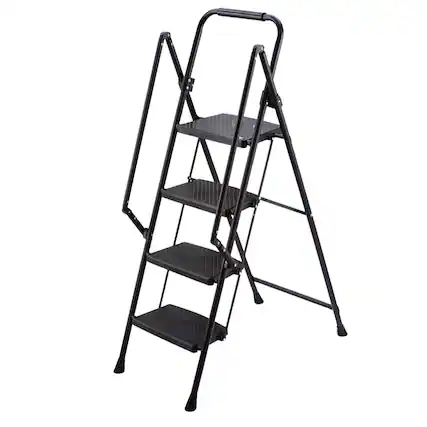 Front. Chateau Abodes - Folding Ladder with Handle, Rubber Feet Capacity 500lbs, Tall Ladders for Home High Ceilings - Black-4 Step.