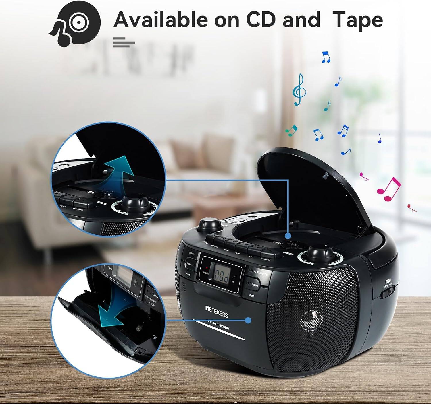 Available on CD and Tape

REPEAT
POWER
PLAY/PAUSE
SKIP+
SKIP-
STOP
ETEKSS PLAY/RECORD