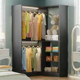 Aheaplus - 36'' Corner Closet System with Hanging Rods and Shelves, Large Sturdy Corner Storage Unit - Black