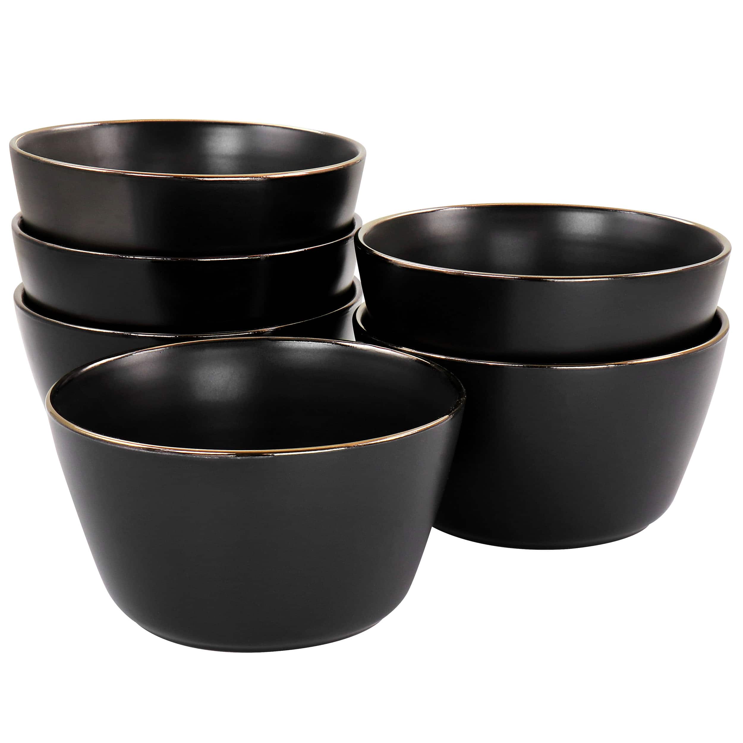 Front. Elama - Elama Paul 6 Piece Stoneware Bowl Set in Matte Black with Gold Rim - Black.