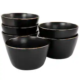 Elama - Paul 6 Piece Stoneware Bowl Set in Matte with Gold Rim - Black