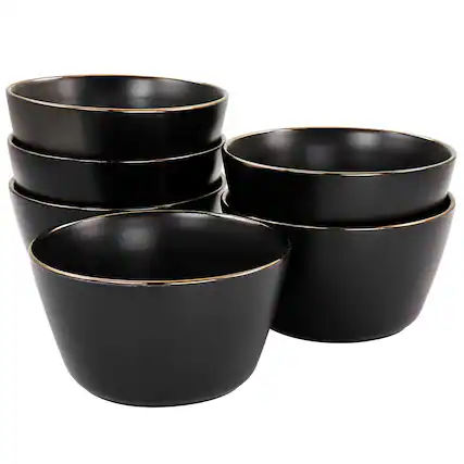 Front. Elama - Elama Paul 6 Piece Stoneware Bowl Set in Matte Black with Gold Rim - Black.