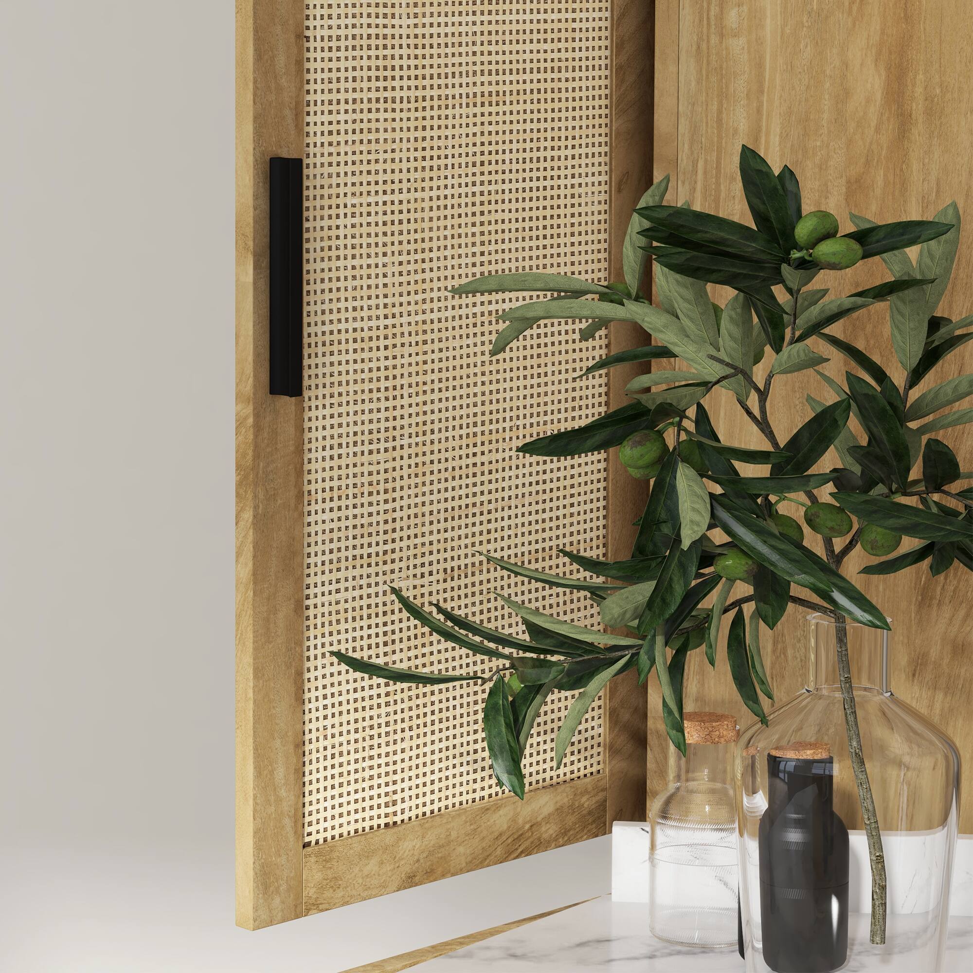 Alt View 8. Homcom - 64" Boho Style Kitchen Pantry Cabinet with 4 Rattan Decorated Doors, Freestanding Kitchen Storage Cabinet - Natural Wood.