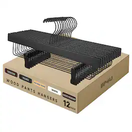 BP4U - 12-Pack Wooden Adjustable Pants Hangers, Solid Wood Bottom Skirt/Trousers Hangers with Wrinkle-Free Design - Black