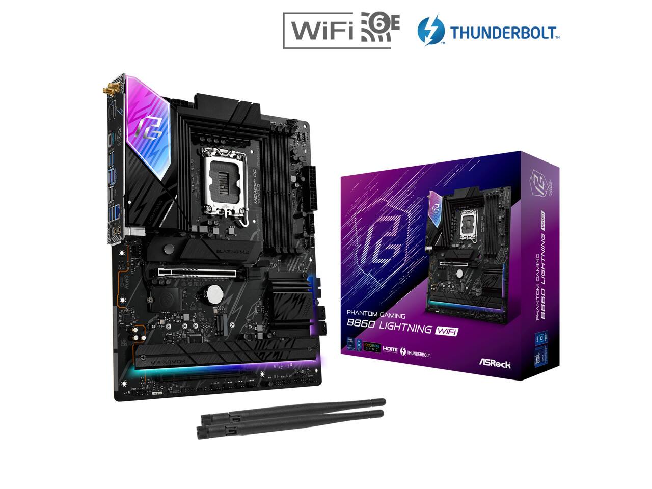 6 E WiFi THUNDERBOLT - V BHAH I LIGHTNING MEMORY I RUO O0 BLAZING M.2 RoHS M.2 ARMOR 2 l PHANTOM GAMING B860 LIGHTNING WiFi t WTIGH THUNDERBOLT ASRock Z m GAMING LIGHTNING PHANTOM B860