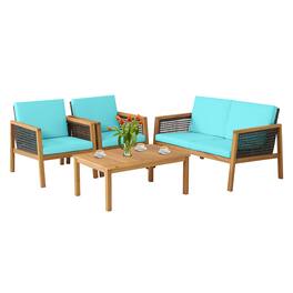 Costway - 4PCS Patio Rattan Furniture Set Acacia Wood Cushioned Sofa - Mix Brown,Turquoise