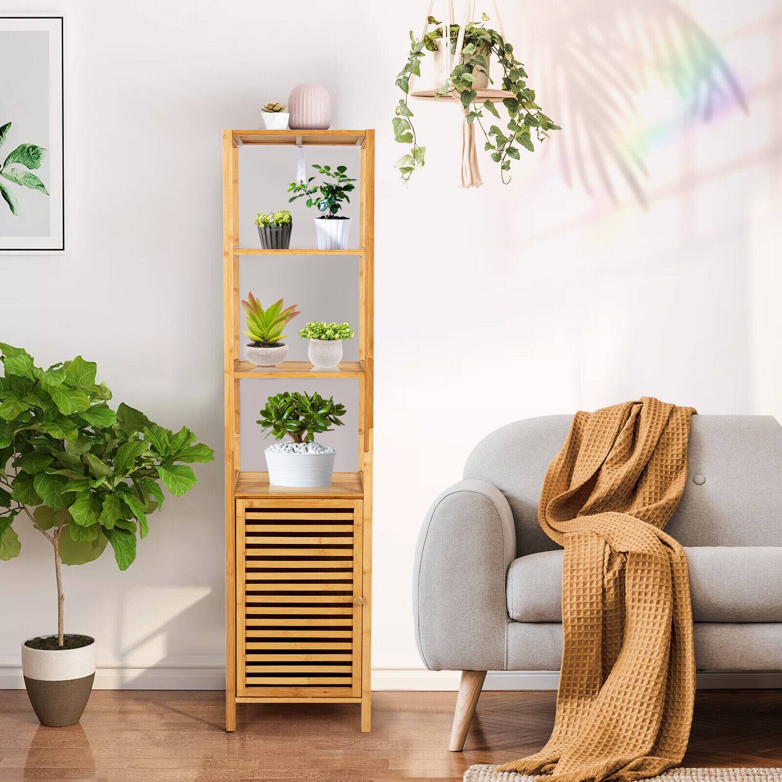 Alt View 8. Ecooso - 4 Tiers Slim Bamboo Floor Storage Cabinet with Shutter Door and Anti-Toppling Device - Natural.
