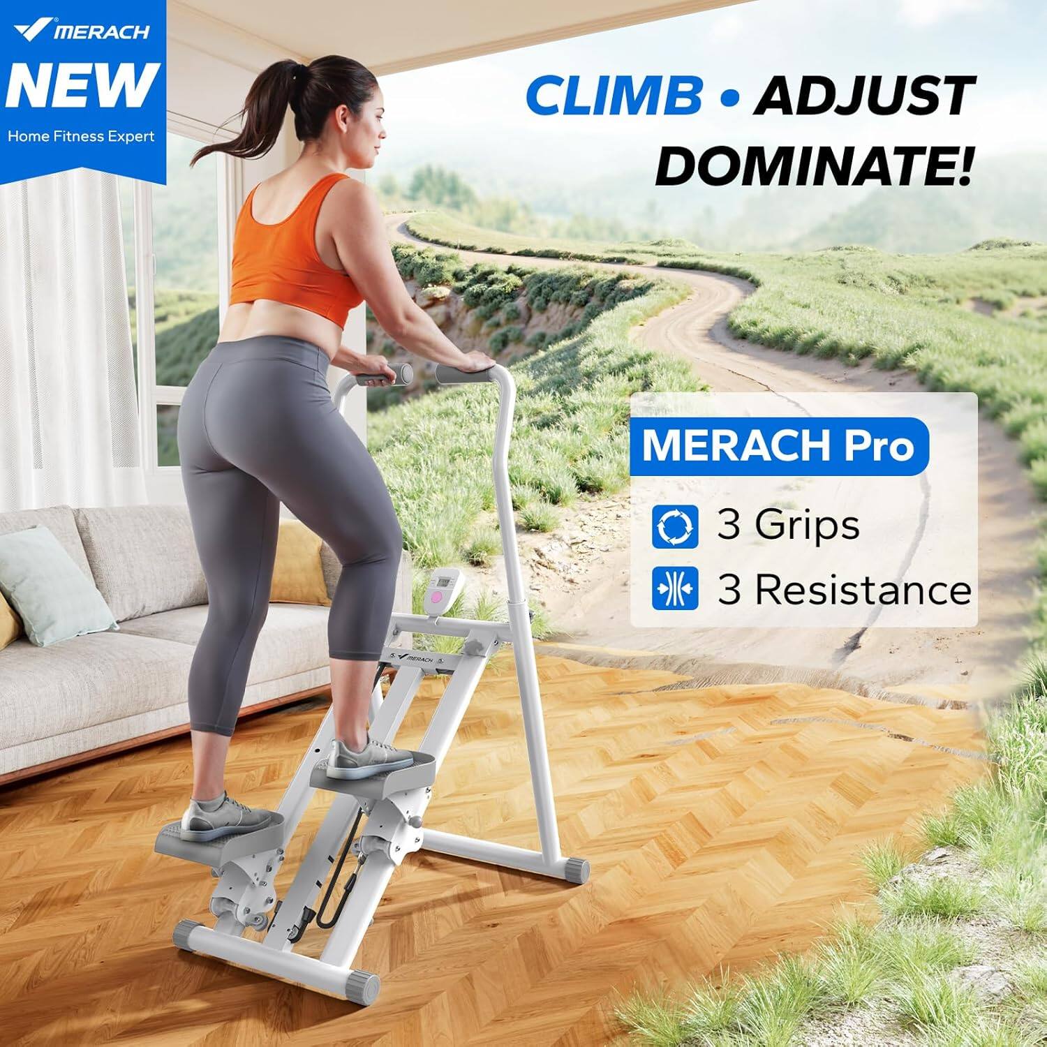 MERACH  
NEW  
Home Fitness Expert  

CLIMB • ADJUST  
DOMINATE!  

MERACH Pro  
3 Grips  
3 Resistance
