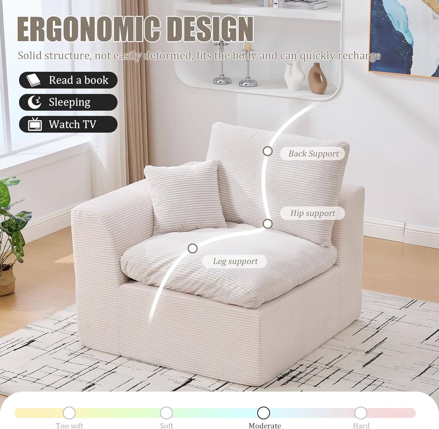 ERGONOMIC DESIGN  
Solid structure, not easily deformed, fits the body and can quickly recharge  

- Read a book  
- Sleeping  
- Watch TV  

Back Support  
Hip support  
Leg support  

Too soft  
Soft  
Moderate  
Hard