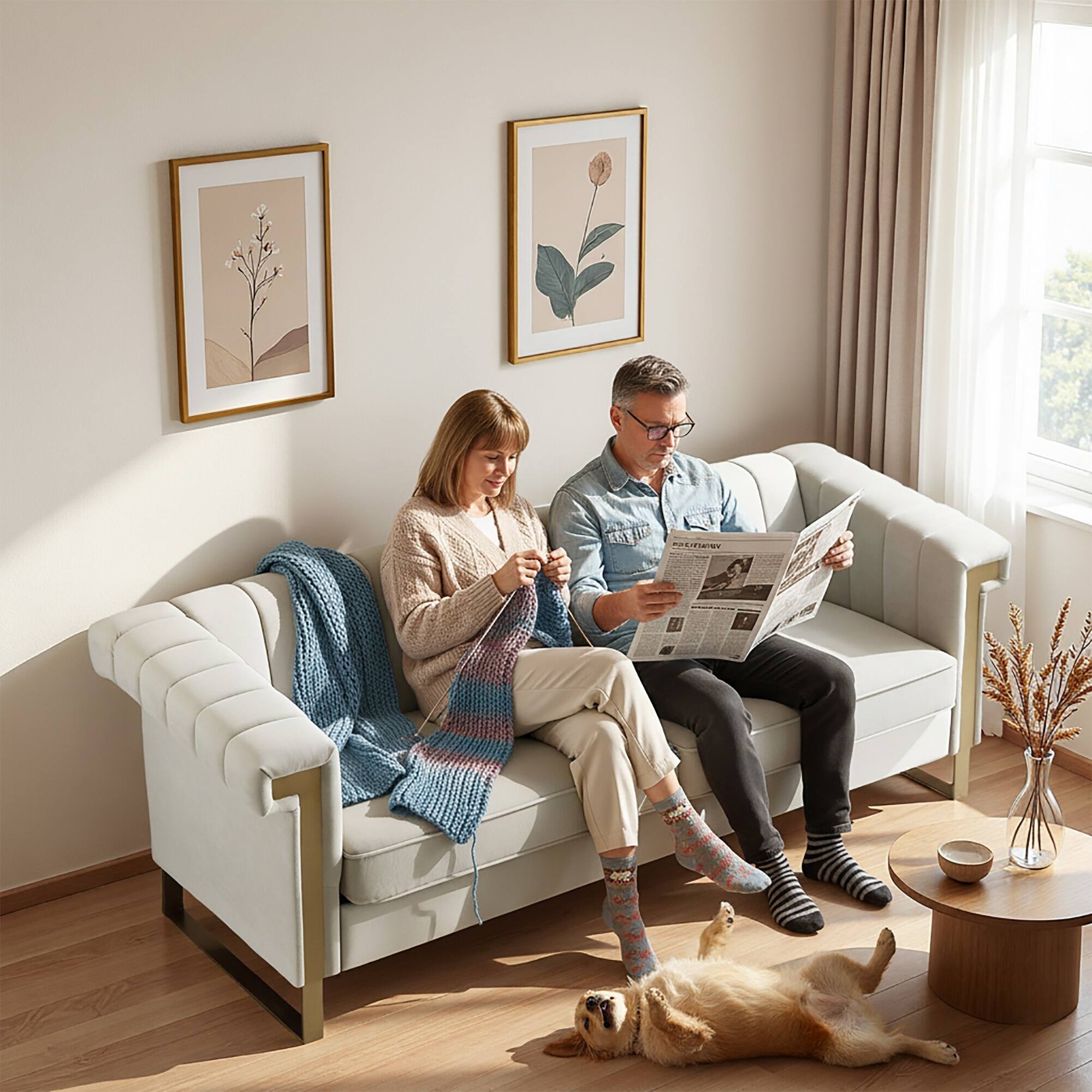 Angle. Anysun - Modern 3-Seat Cream Velvet Sofa with Gold Accents - Channel-Tufted for Living Room & Office. - White.