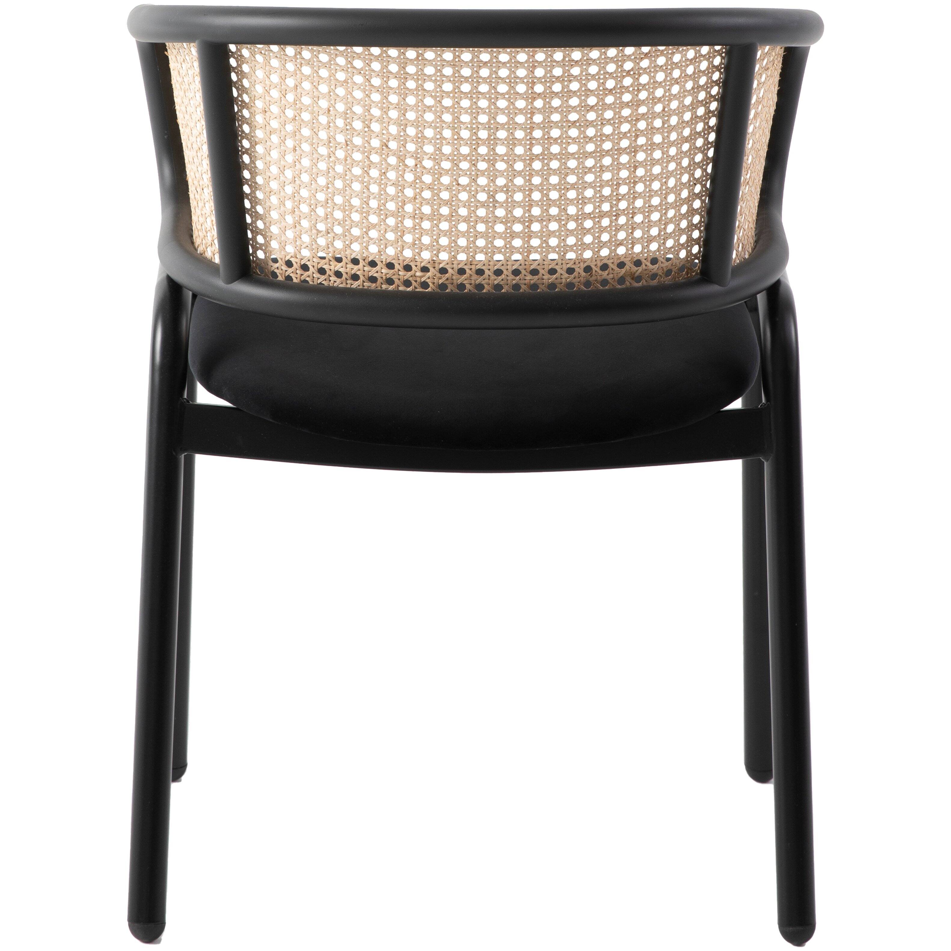 Alt View 2. LeisureMod - Ervilla Mid-Century Modern Dining Arm Chair, Velvet Upholstered Seat with Rattan Back & Metal Base - Black.