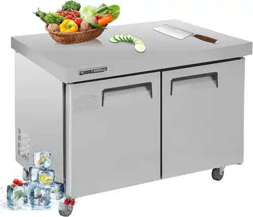 Front. GARVEE - 48" Stainless Steel Sandwich Prep Table Refrigerator Commercial Food Prep Fridge with Food Rail Cooling Storage Counter - sliver.